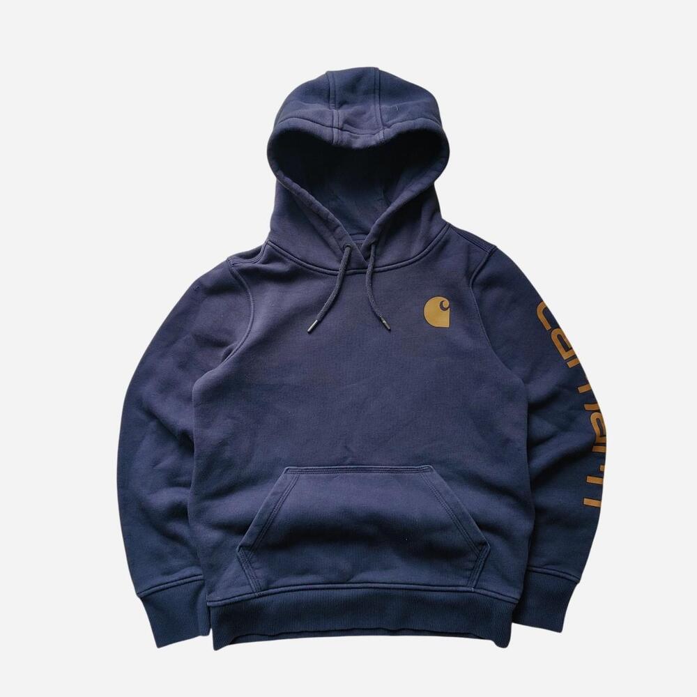 Carhartt navy blue hoodie with details on front and sleeve
